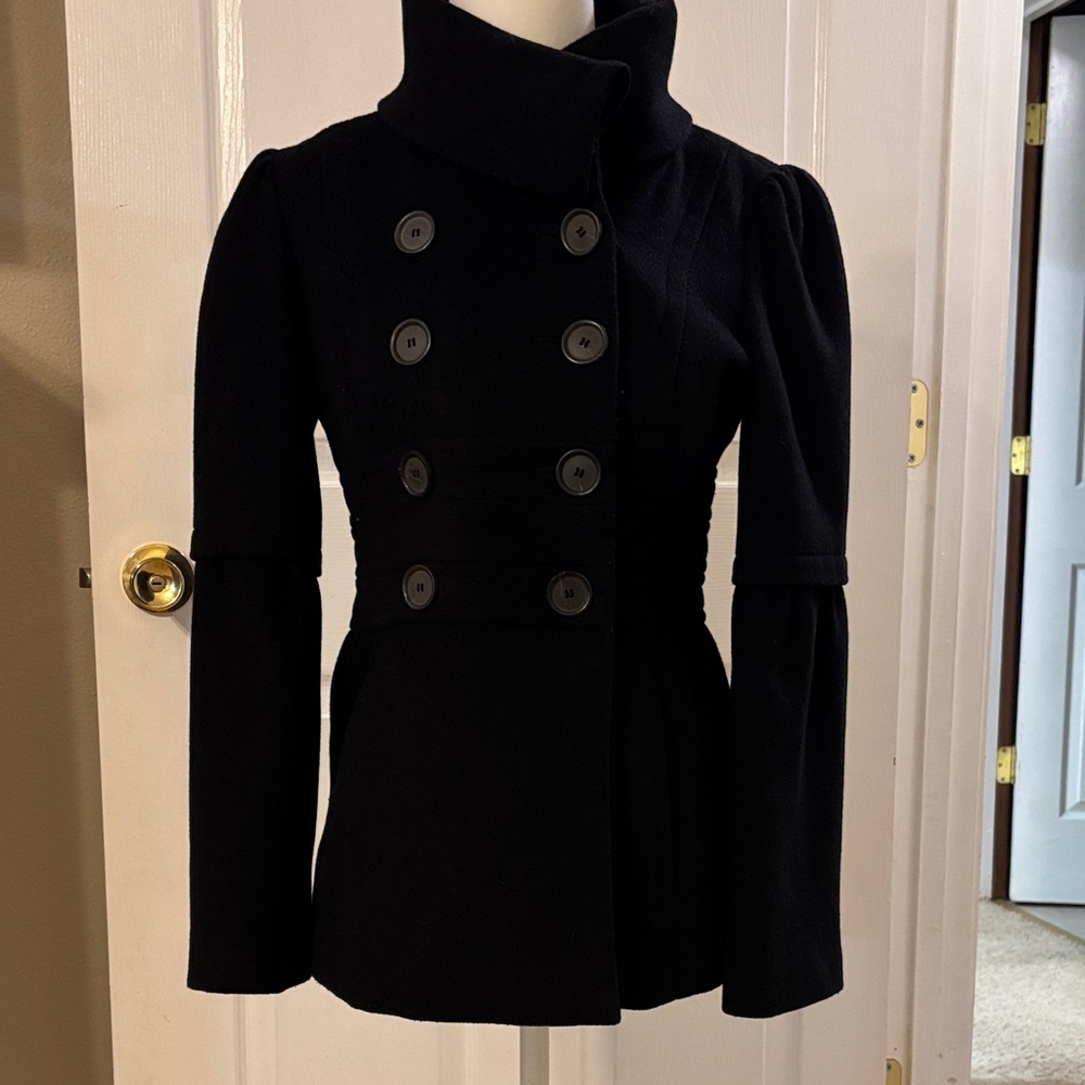LOFT Double‑Breasted Black Wool Coat – Size 2P – Classic Fall/Winter Outerwear